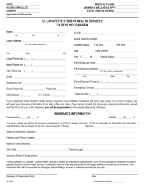 UL Lafayette Student Health Services Patient Information Form