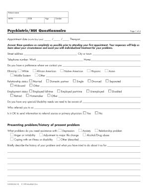 Psychiatric/MH Questionnaire