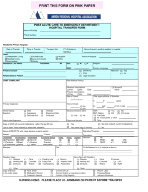 Post Acute Care to Emergency Department Hospital Transfer Form