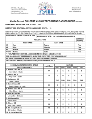 Florida Middle School Concert Music Performance Assessment Form