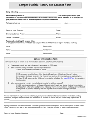 Camper Health History and Consent Form