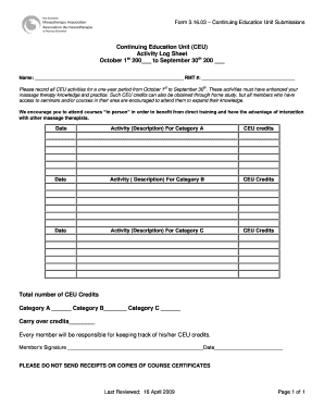 Continuing Education Unit Activity Log Sheet