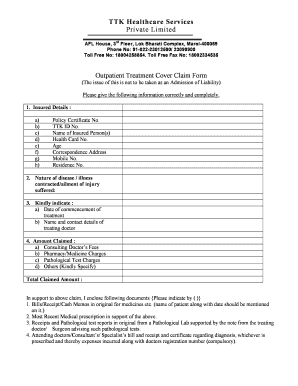 TTK Healthcare Outpatient Treatment Cover Claim Form