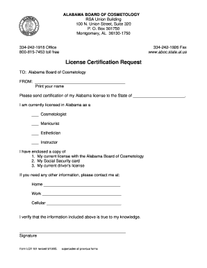 Alabama Board of Cosmetology License Certification Request
