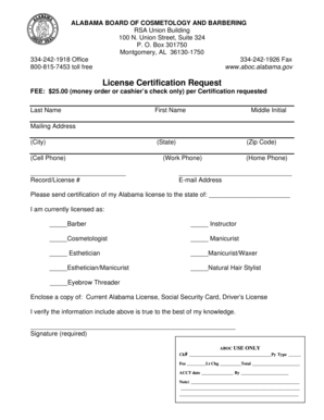 Alabama Board of Cosmetology License Certification Request
