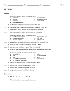 Chemistry Review Worksheet