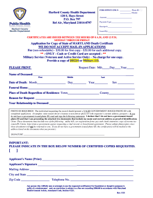 Maryland Death Certificate Application