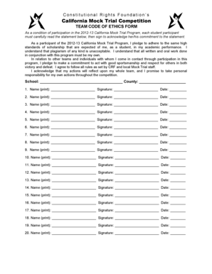 California Mock Trial Competition Team Code of Ethics Form