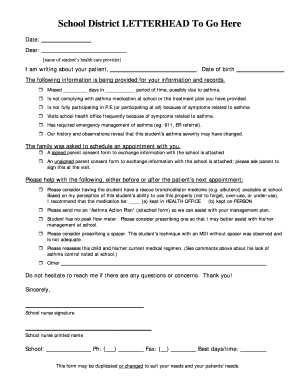 School Asthma Management Letter