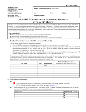 2011-2012 Worksheet for Dependent Students with IRS Match