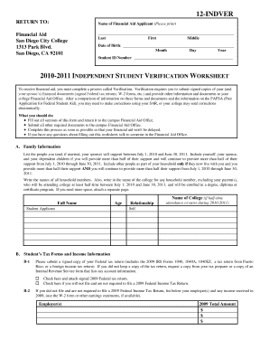 2010-2011 Independent Student Verification Worksheet