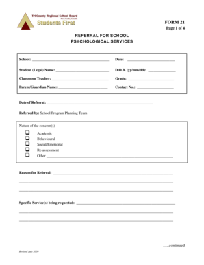 Form 21 Referral for School Psychological Services