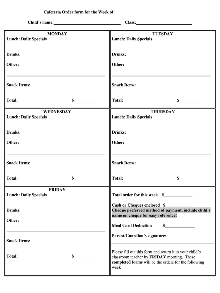 Fillable Online lawrencetown ns Cafeteria Order Form