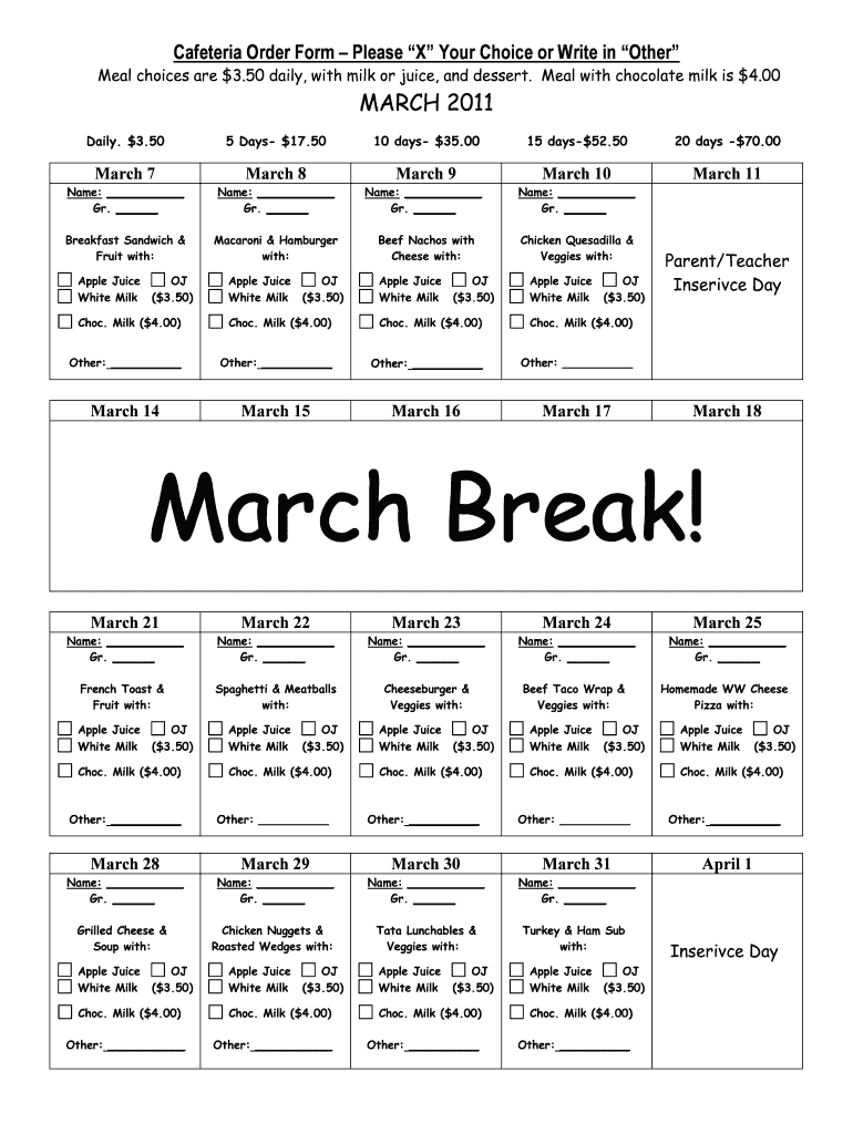 Fillable Online Cafeteria Order Form schools Fax Email Print pdfFiller