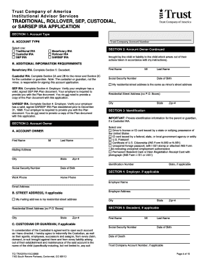 Traditional, Rollover, SEP, Custodial, or SARSEP IRA Application