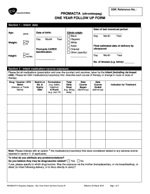 One year follow up form - GlaxoSmithKline Pregnancy Registries