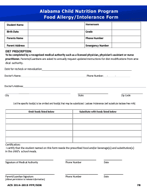 Alabama Child Nutrition Program Food Allergy Form