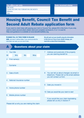 Housing Benefit, Council Tax Benefit and Second Adult Rebate Application Form