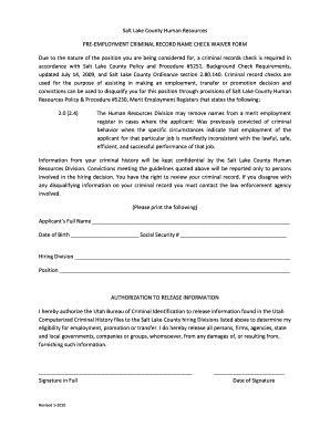 Salt Lake County Pre-Employment Criminal Record Waiver Form