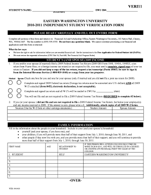 2010-2011 Independent Student Verification Form