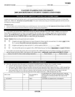 2009-2010 Dependent Student Verification Form