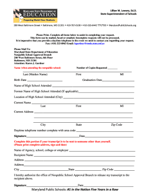 Maryland Nonpublic School Transcript Request Form