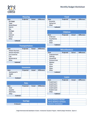 Monthly Budget Worksheet