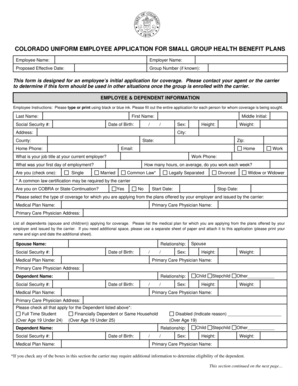 Colorado Uniform Employee Application for Small Group Health Benefit Plans