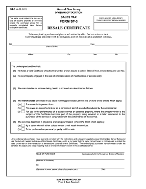 New Jersey Resale Certificate Form ST-3