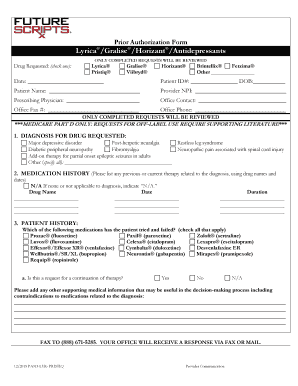 Prior Authorization Form for Lyrica/Gralise/Horizant/Antidepressants