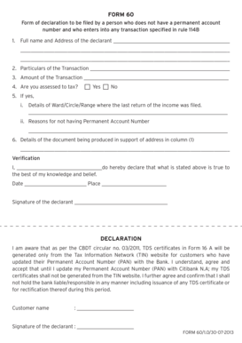 Form 60 Declaration for Non-Permanent Account Number Holders