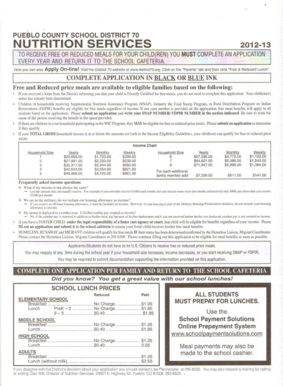 Pueblo County School District 70 Free and Reduced Meal Application