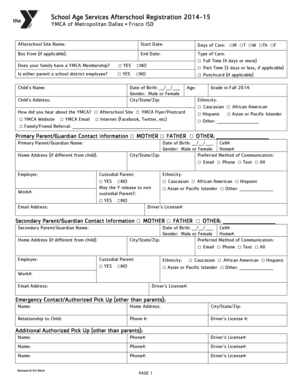 YMCA Afterschool Registration Form 2014-15