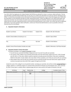 2013-2014 Verification Worksheet - Dependent