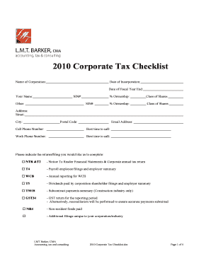 2010 Corporate Tax Checklist