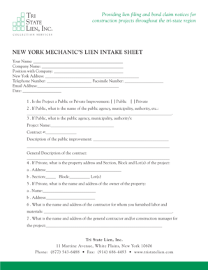 New York Mechanic's Lien Intake Sheet