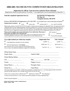 2000-2001 Mathcounts Competition Registration Form