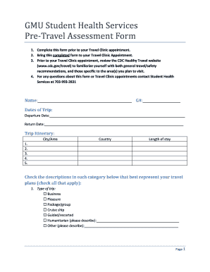 GMU Student Health Services Pre-Travel Assessment Form