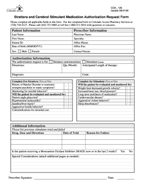 Strattera and Cerebral Stimulant Medication Authorization Request Form