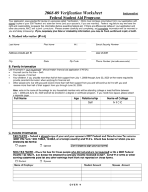 2008 Verification Worksheet