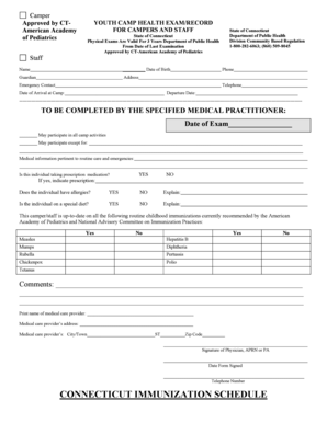 Connecticut Youth Camp Health Exam Form