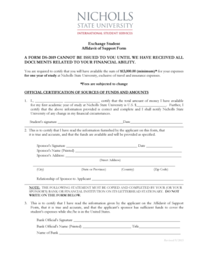 Exchange Student Affidavit of Support Form