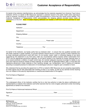 Customer Acceptance of Responsibility Form