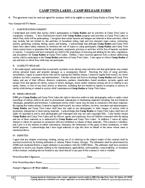 Camp Twin Lakes Camp Release Form