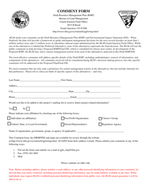 BLM Draft Resource Management Plan Comment Form