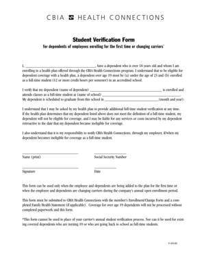 Student Verification Form for Health Plan Dependents