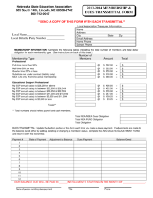Nebraska State Education Association Membership Dues Transmittal Form