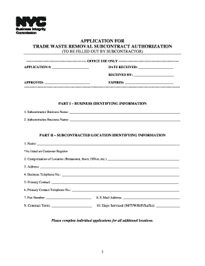 Trade Waste Removal Subcontractor Authorization Application