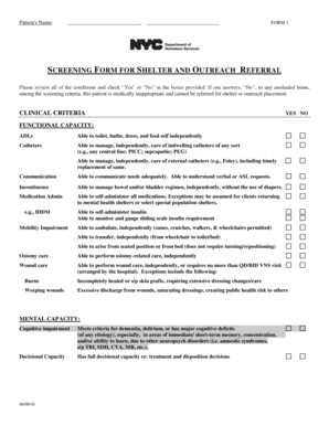 Screening Form for Shelter and Outreach Referral