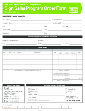 New York City DOT Sign Sales Program Order Form